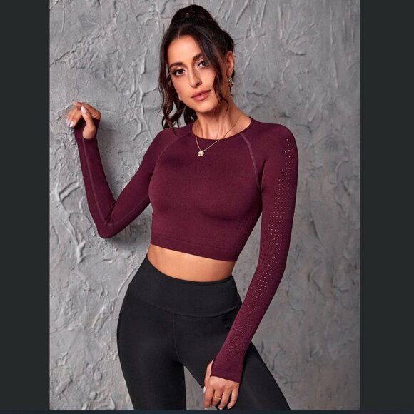 🦃5 for $25🦃 SHEIN Burgundy Perforated Long Sleeve Athletic Crop Top - Picture 1 of 4